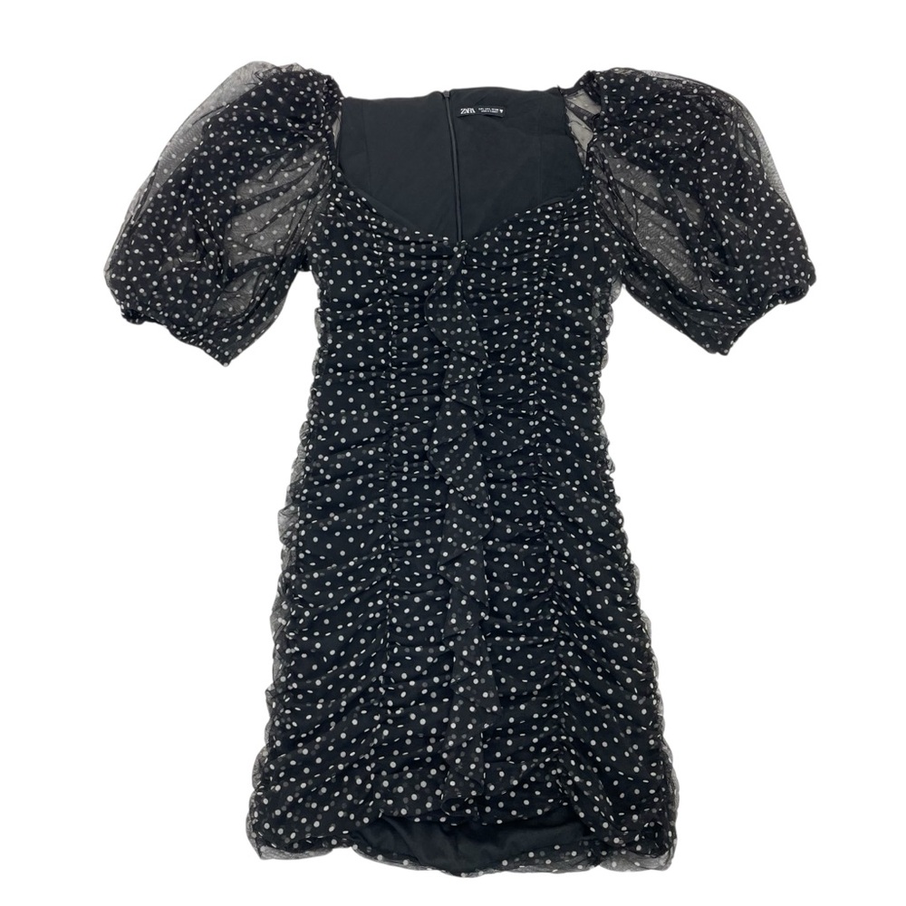 Zara Blogger Fav Ruched Mini Dress Puff Sleeves Large Black/White - Picture 8 of 16